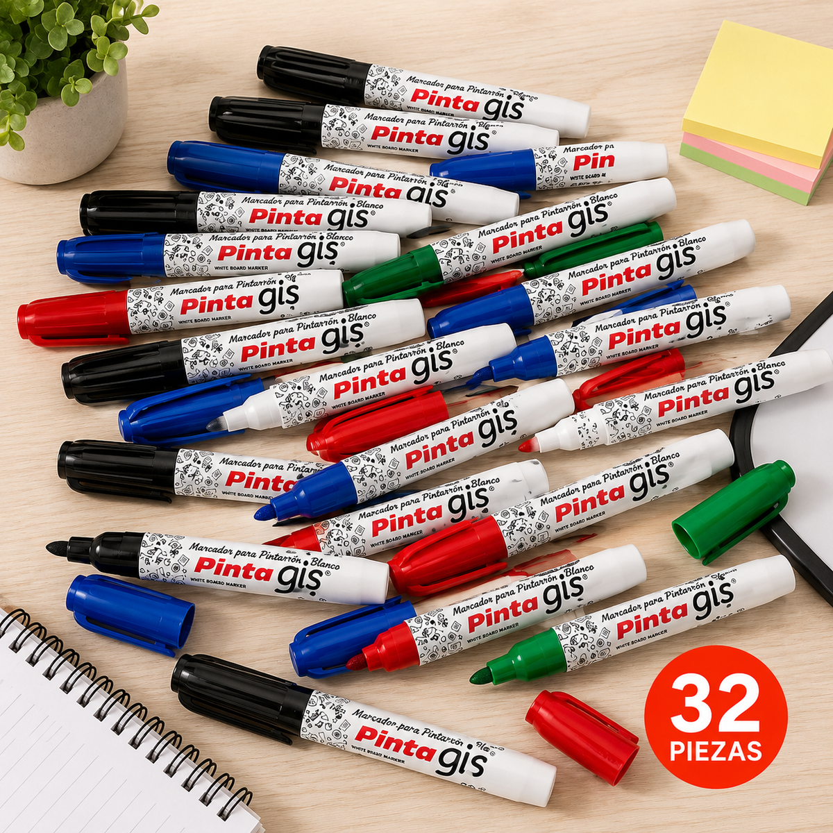 Marcador Pintagis Punta Mediana 32 piezas (4 colores)