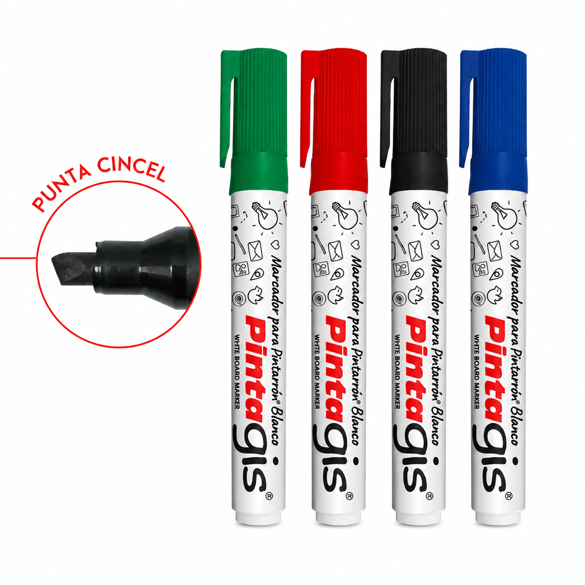Marcador Pintagis Punta Cincel 12 piezas (4 Colores)